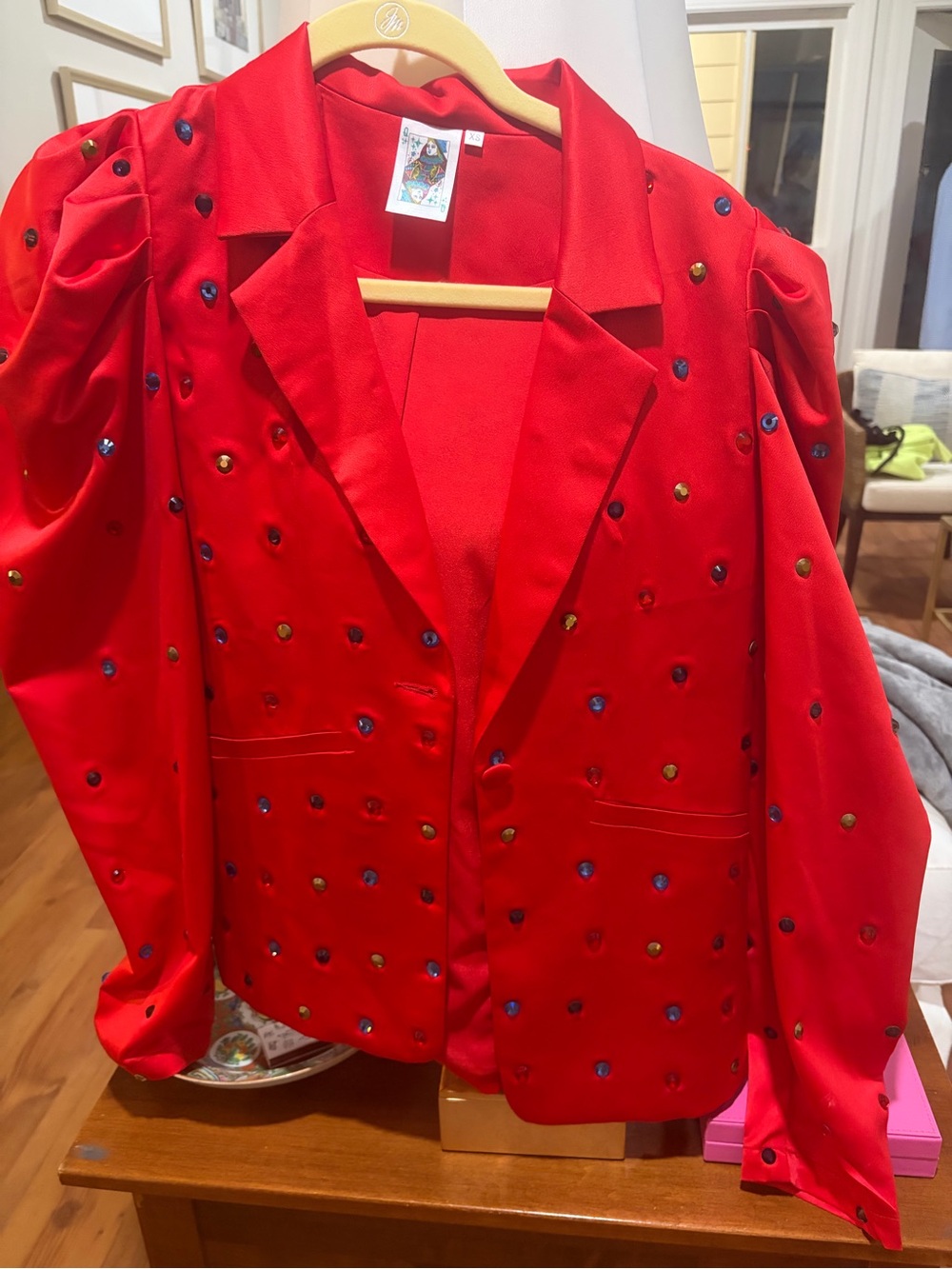 QUEEN OF SPARKLES Red Embellished Blazer with Multicolor Studs